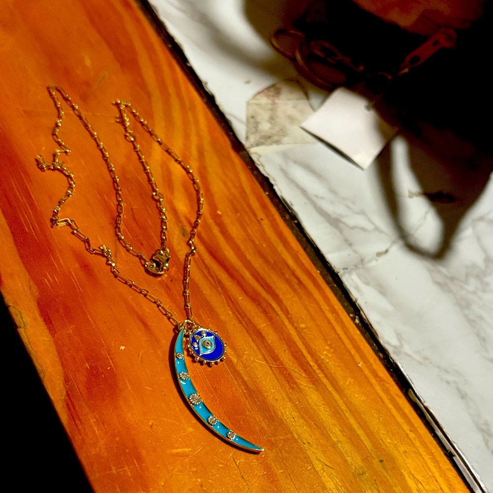 Blue and Gold Crescent Necklace